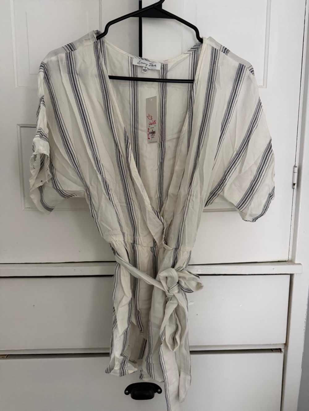 emory park Striped Wrap Romper in Cream and Navy